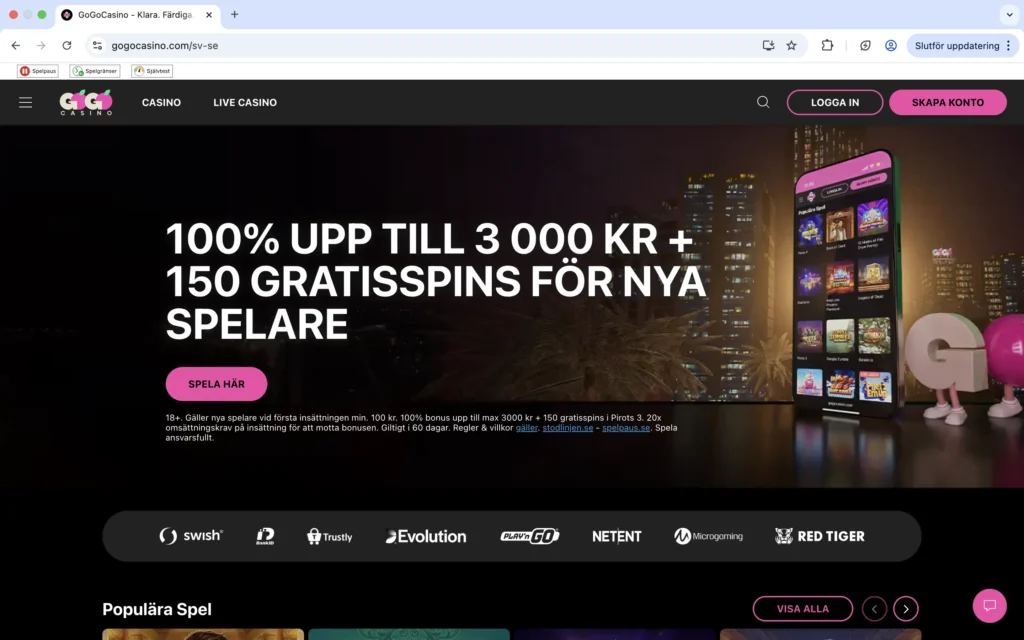 Skärmavbild av GoGoCasinos förstasida