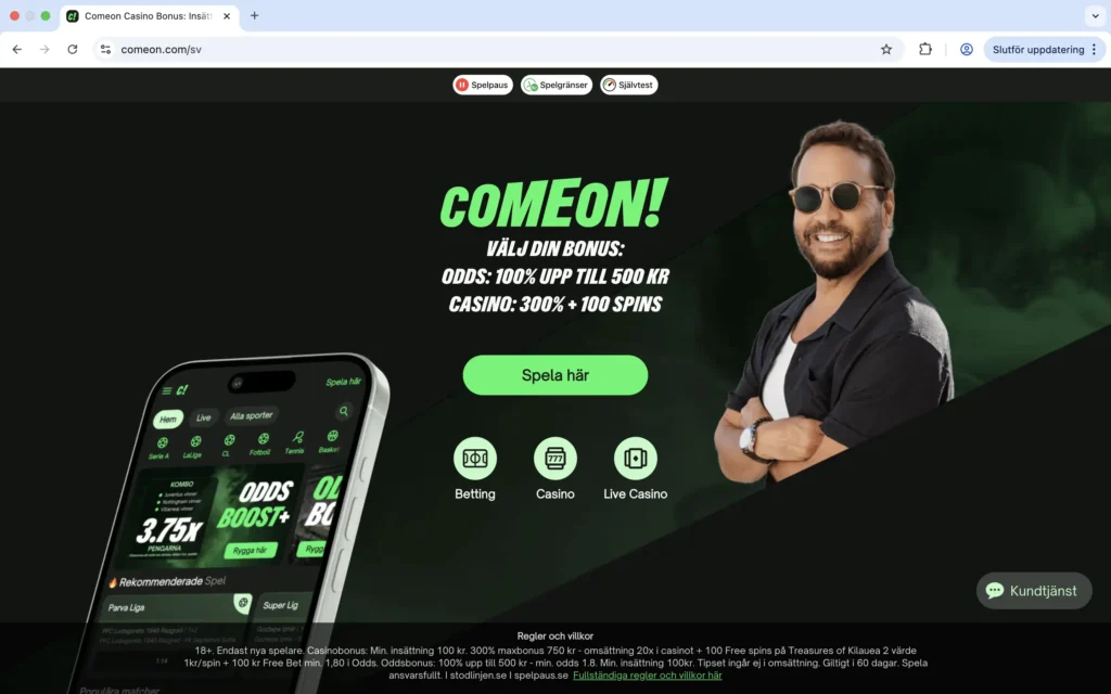 ComeOn skärmdump av förstasidan