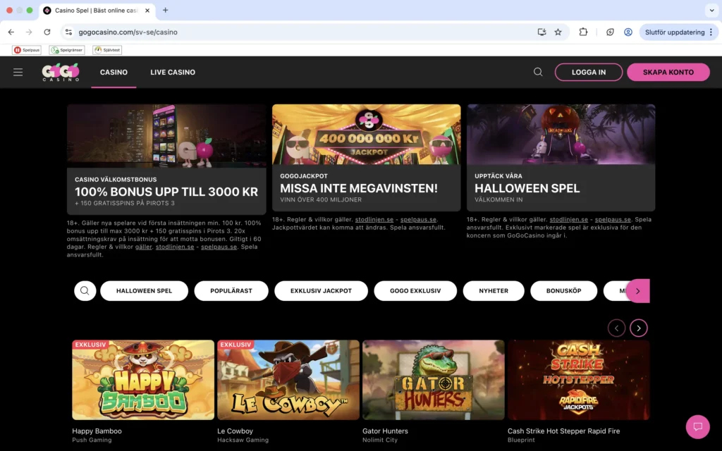 Skärmdump på GoGoCasinos casinosida 