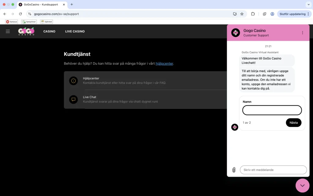 Skärmavbild av kundtjänst hos GoGoCasino