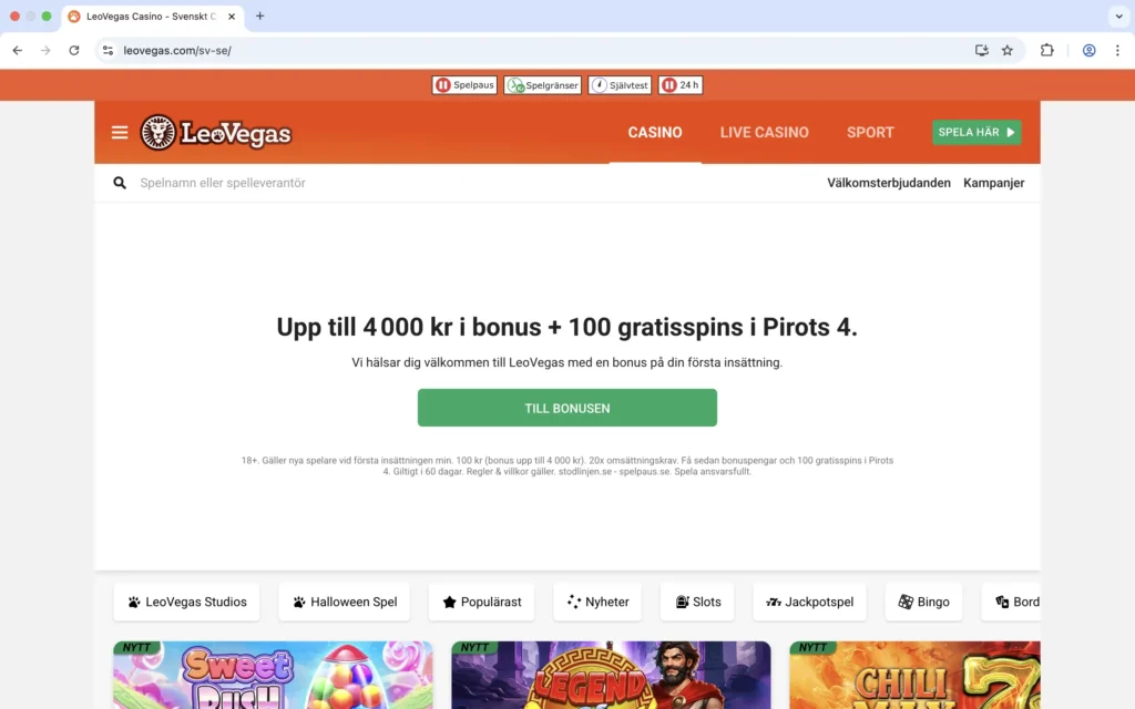 LeoVegas skärmdump av hemskärm