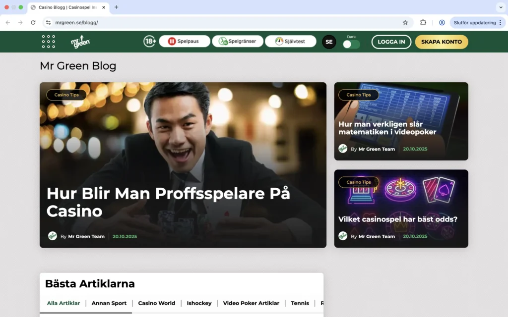 Mr Green skärmdump av blogg