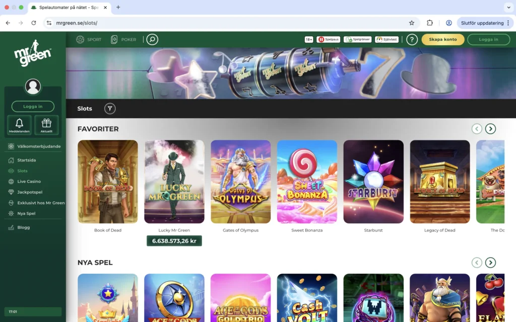 Mr Green skärmavbild på utbud av slots