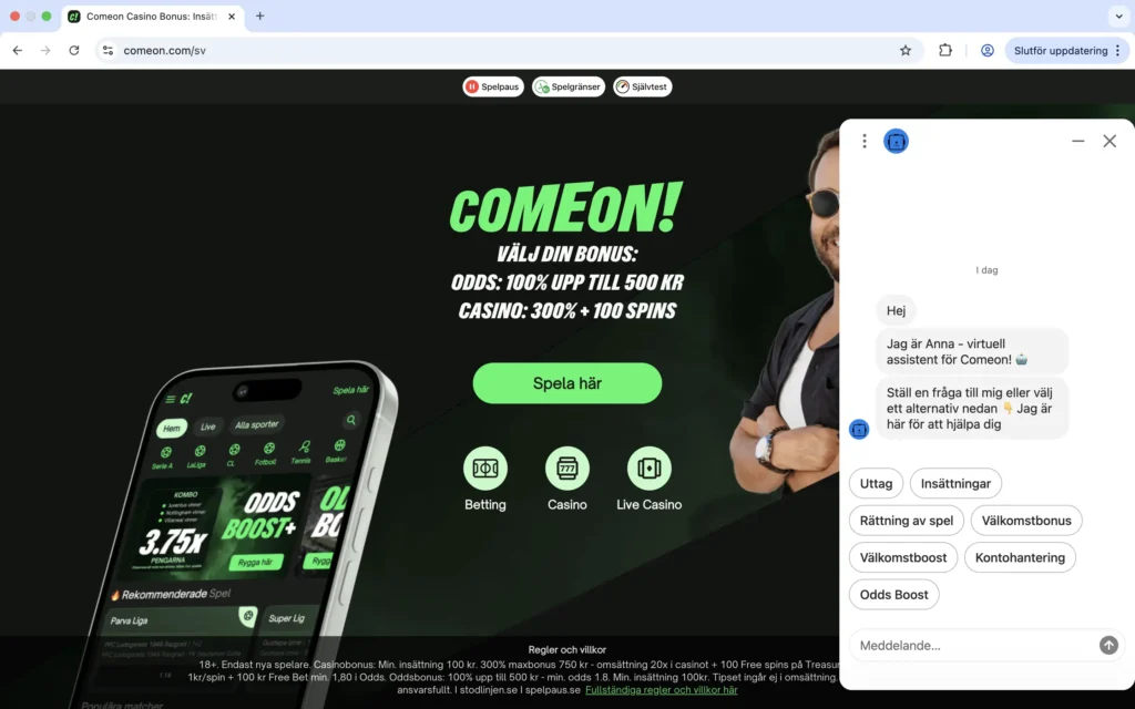 Skärmavbild på ComeOn kundtjänst livechatt