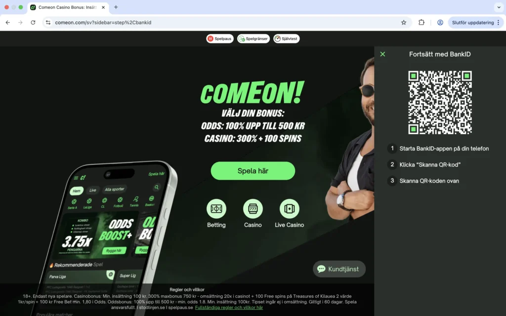 Skärmavdump av ComeOn sida för att logga in med BankID