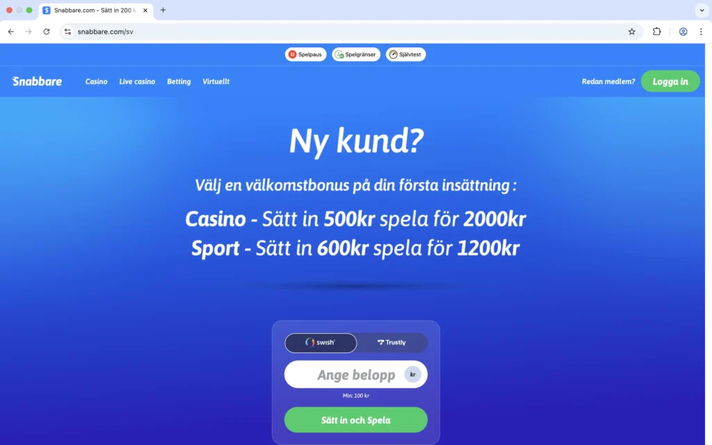 skärmdump av snabbare casinos förstasida