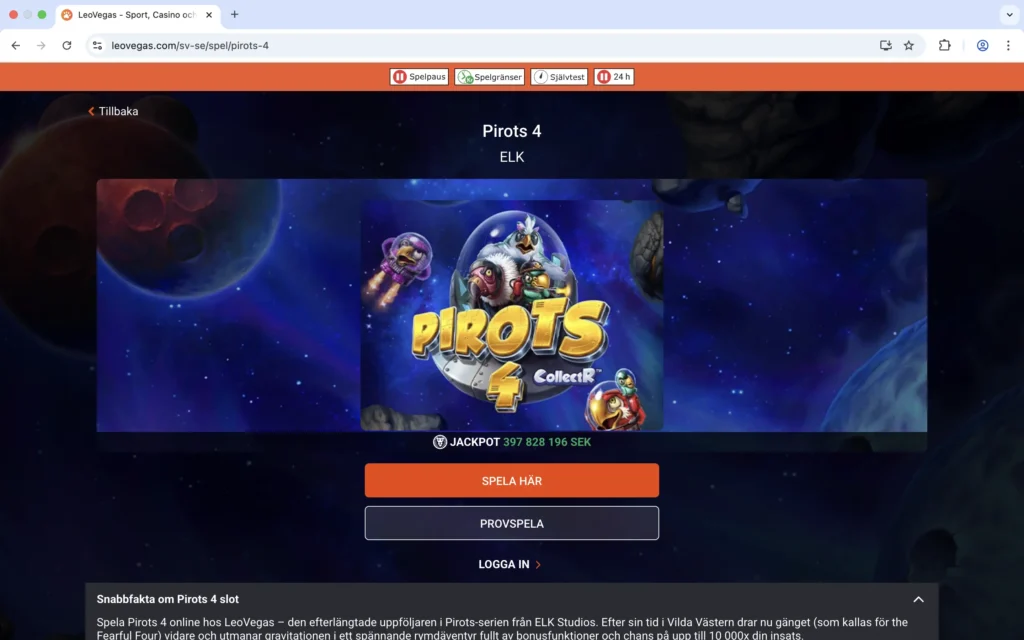 skärmdump på pirots 4 hos leovegas