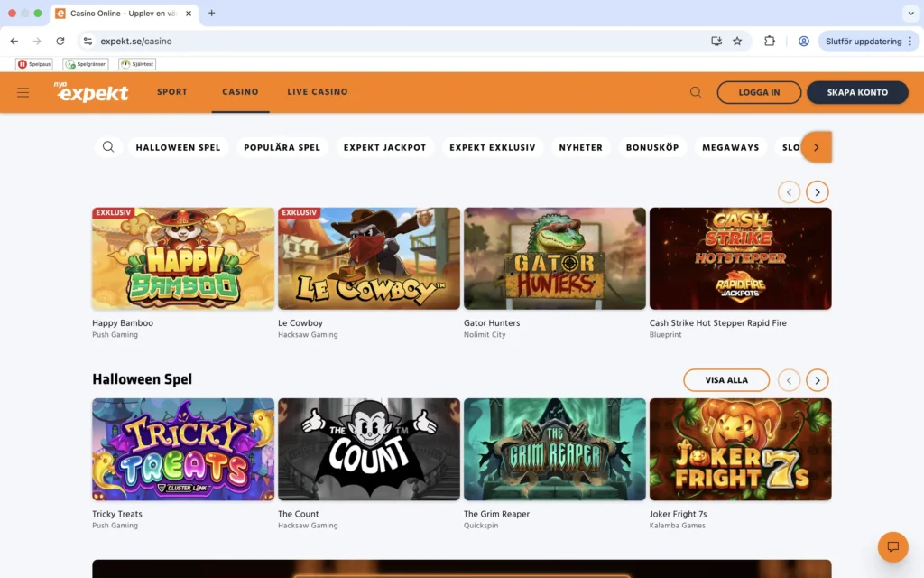 Nya Expekt skärmavbild på casinots spelutbud