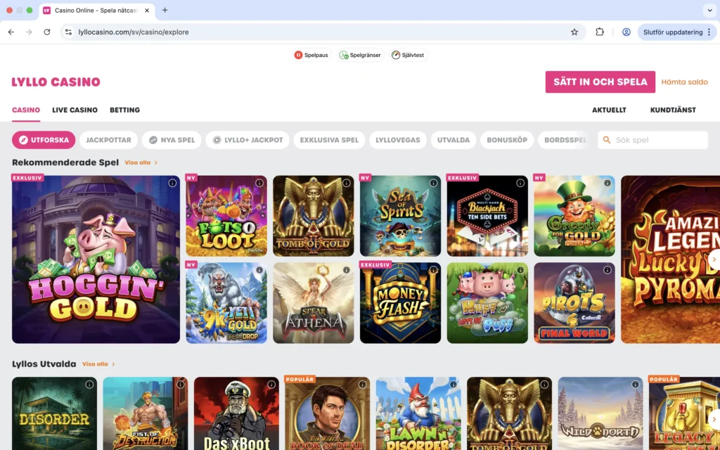 Skärmavbild på Lyllo Casinos spelutbud