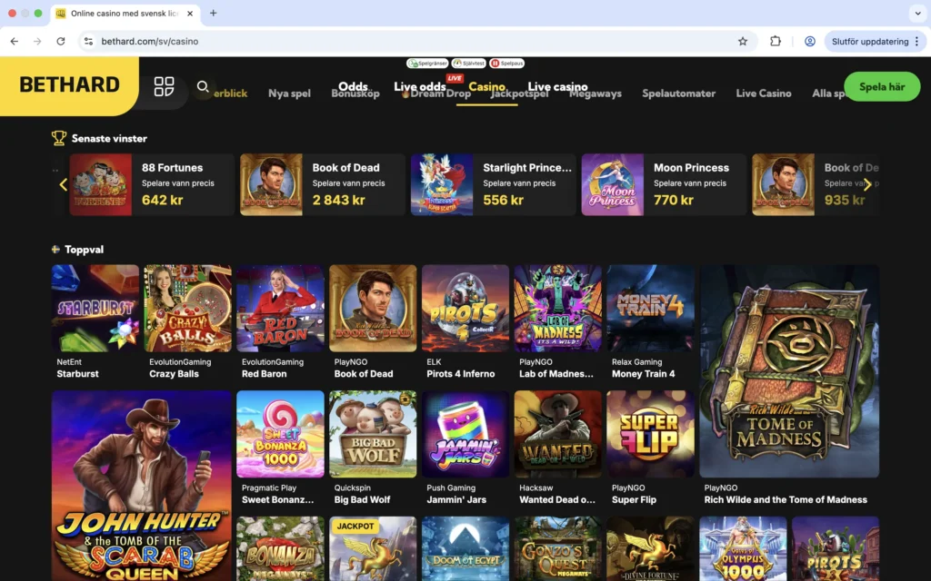 Skärmavbild på BETHARD spelutbud