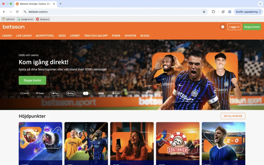 Skärmavbild på Betssons förstasida