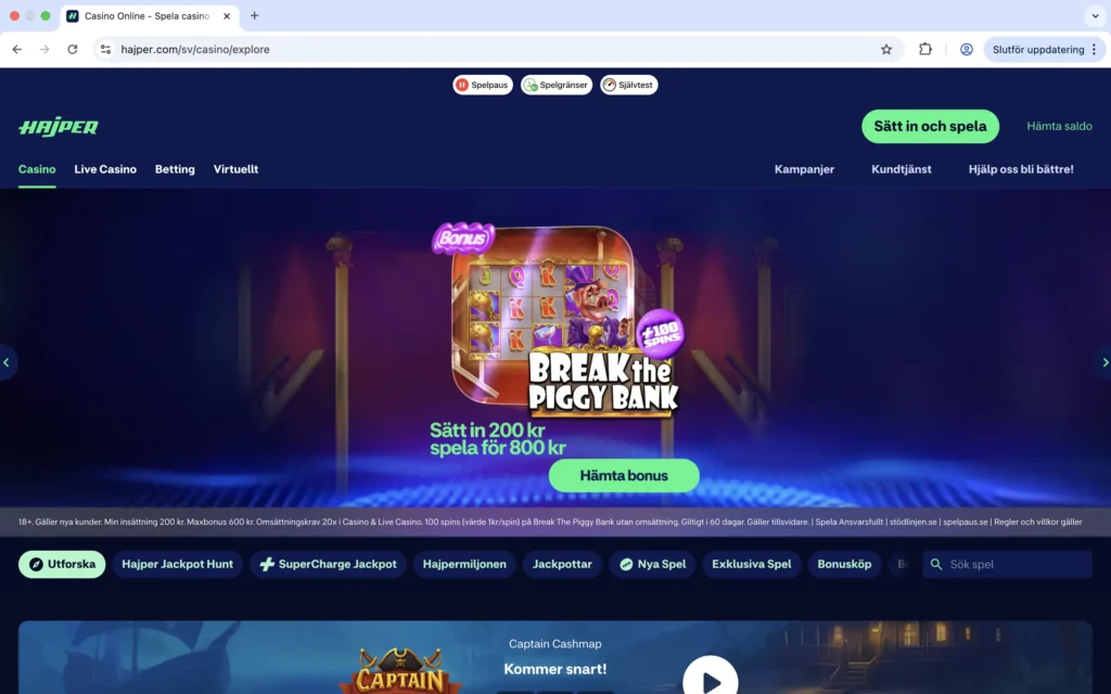 Skärmavbild på Hajper casino-sida