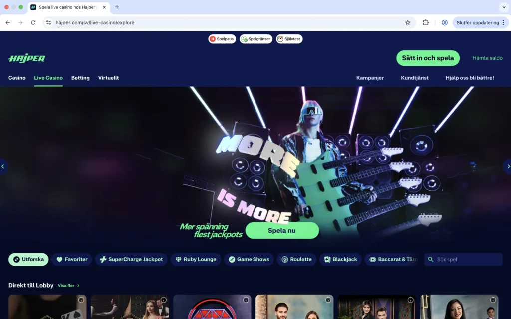 Skärmavbild på Hajper Live Casino