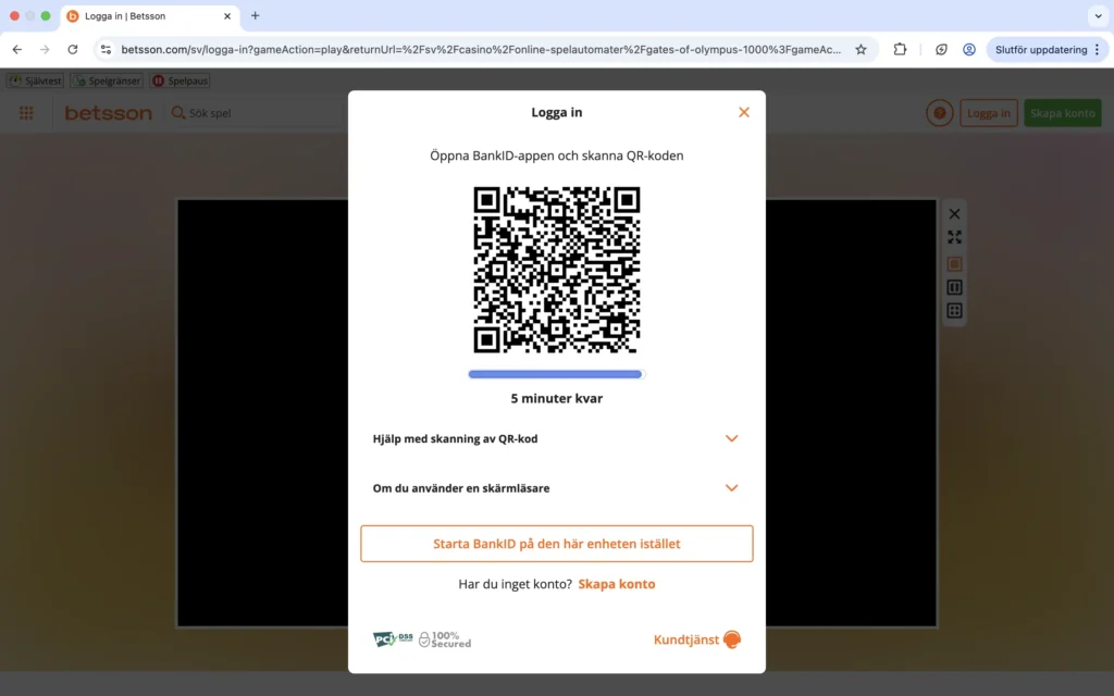 Skärmavbild av inloggning för spel hos Betsson