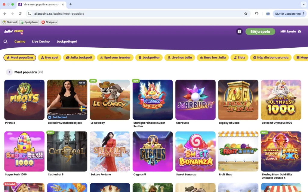 Skärmavbild på Jalla Casinos mest populära spel / slots.