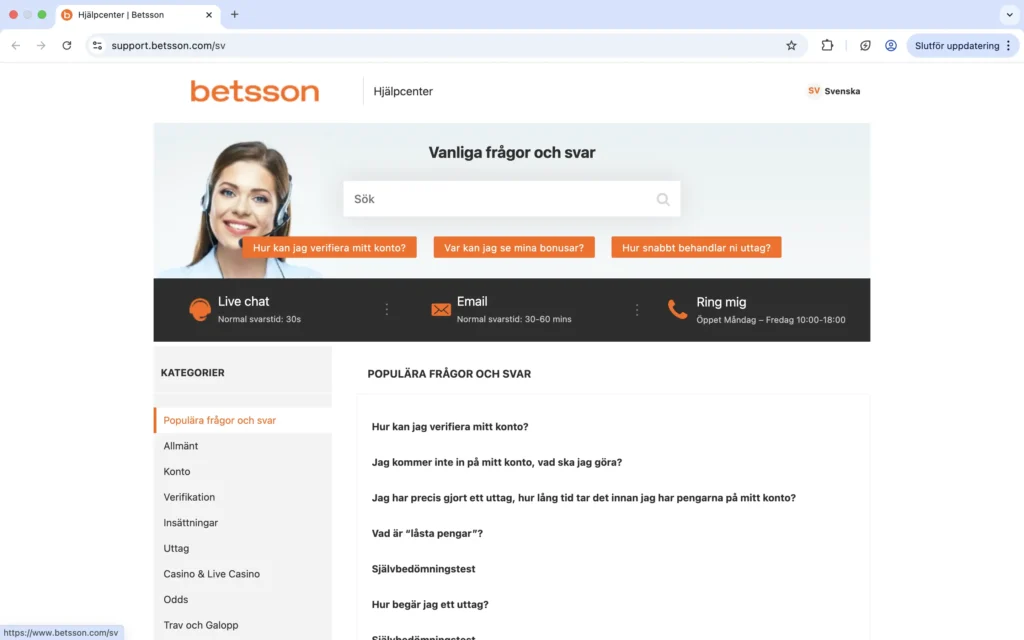 Skärmavbild på kundtjänst hos Betsson