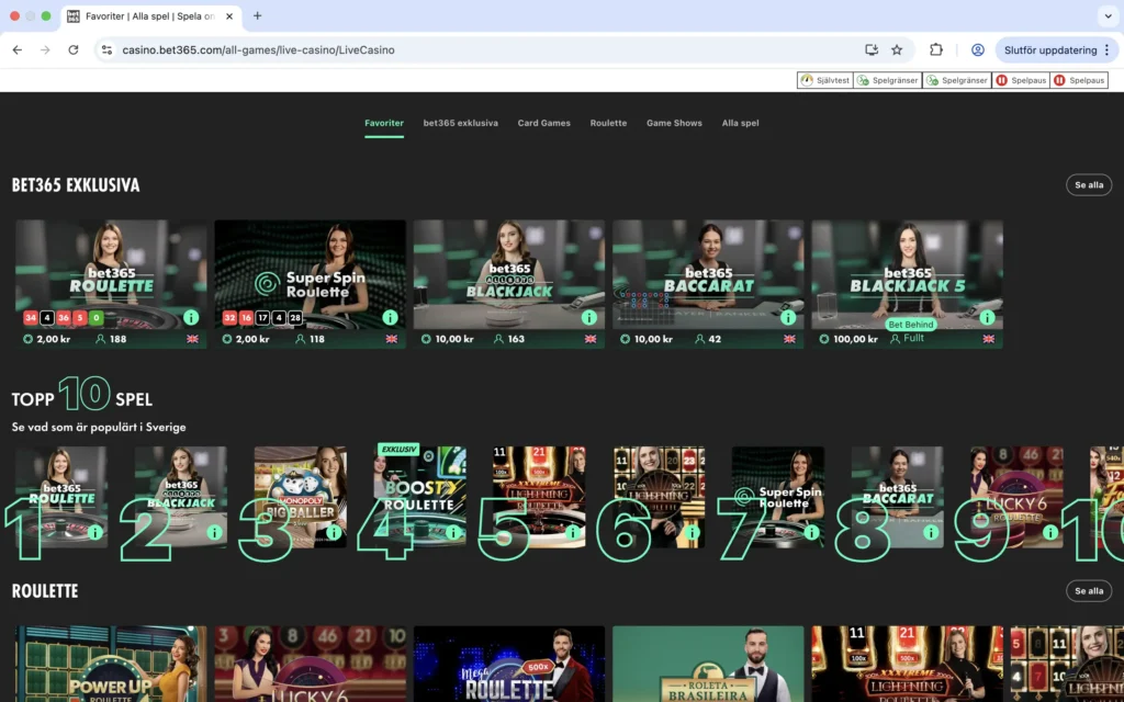 Skärmavbild på Live Casino hos bet365