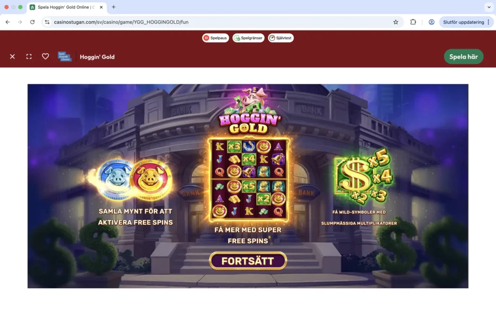 Skärmavbild vid provspel av Hoggin' Gold hos Casinostugan