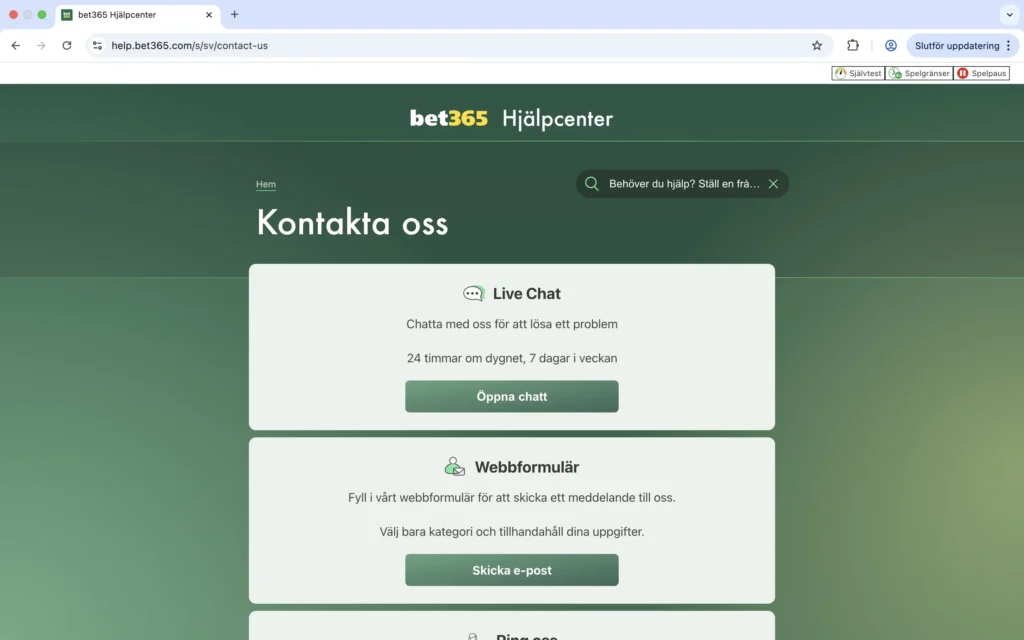 Skärmdump av hjälpcenter hos bet365