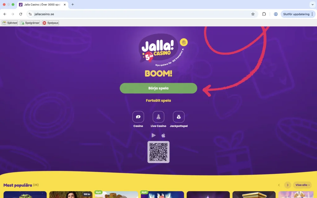 Skärmdump av Jalla Casino förstasida