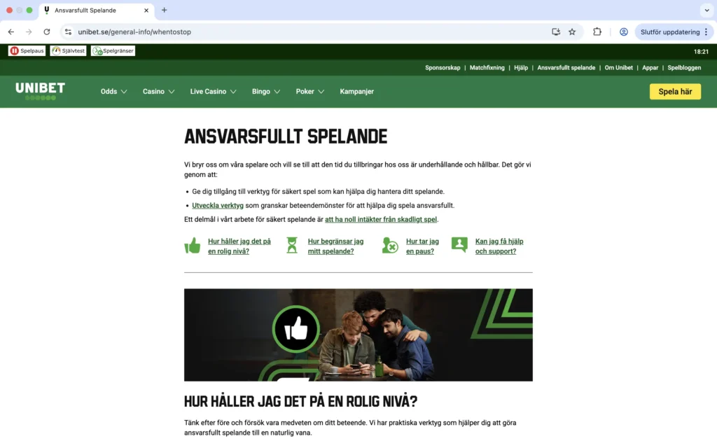 Skärmdump av UNIBET om Ansvarsfullt Spelande