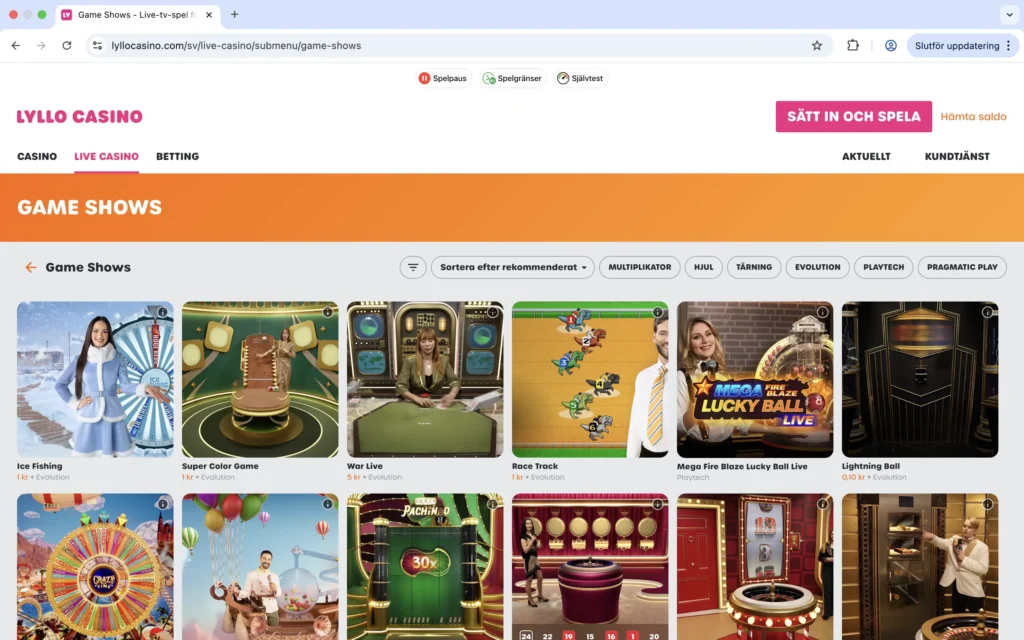 Skärmdump av Live Casinot med Game Shows hos Lyllo Casino