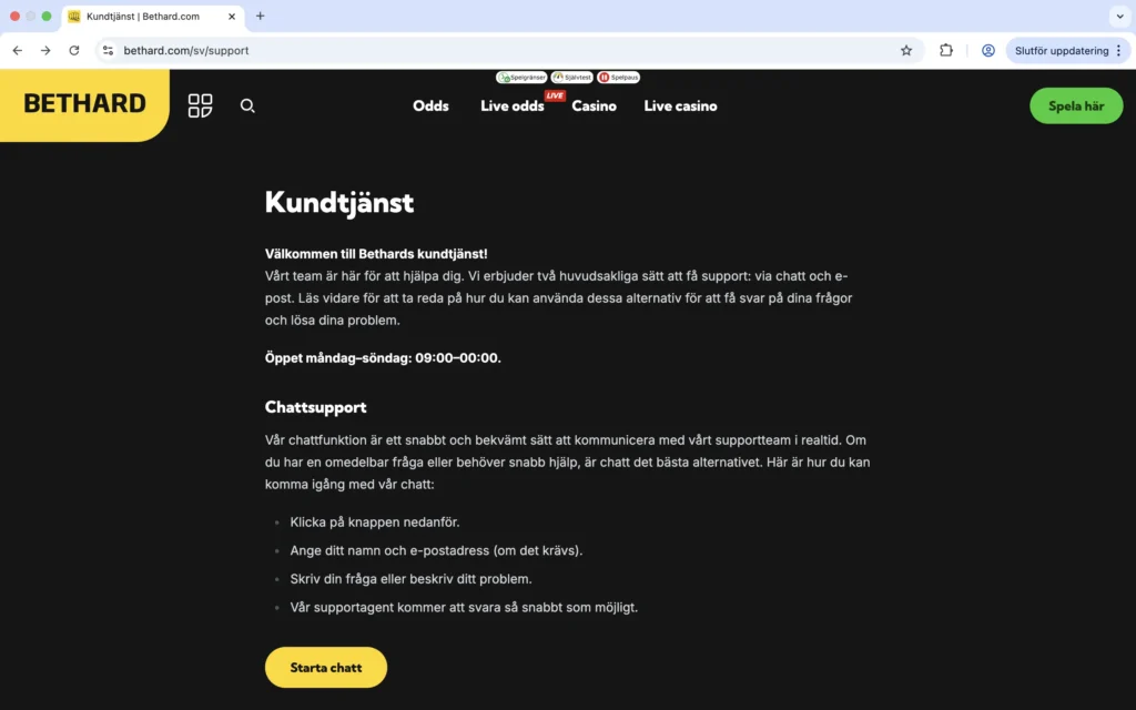 Skärmdump på BETHARD kundtjänst