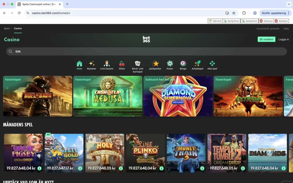 Skärmdump på Casino hos bet365