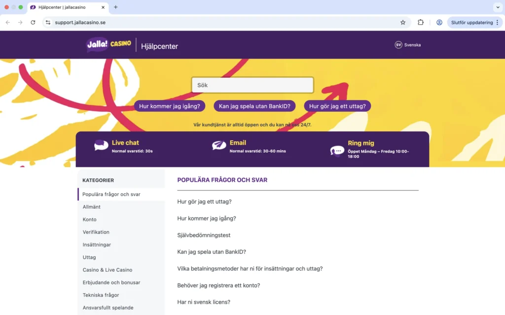 Skärmavbild av Jalla Casinos hjälpcenter.