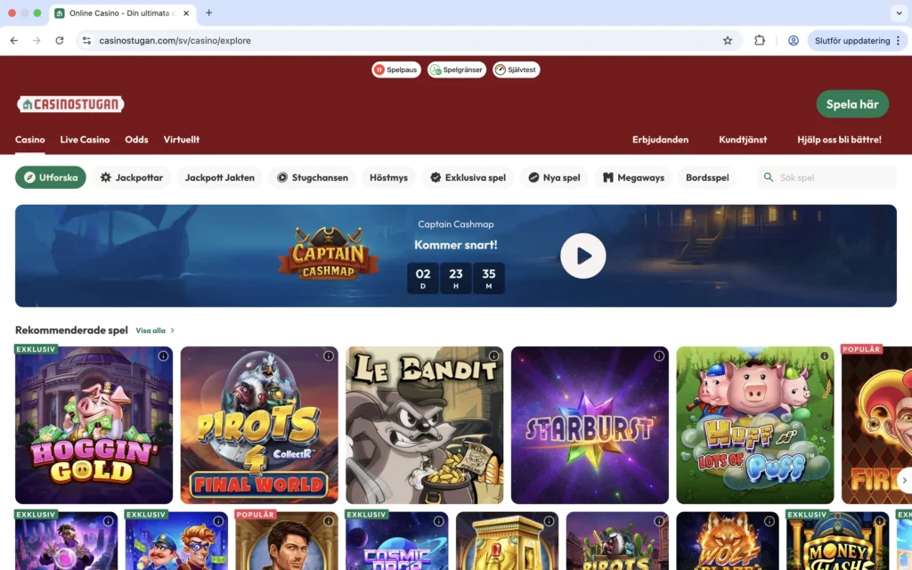 Skärmdump på spelutbud hos Casinostugan
