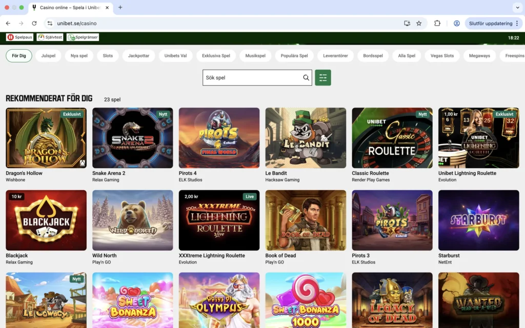 Skärmdump på UNIBET casino spelutbud