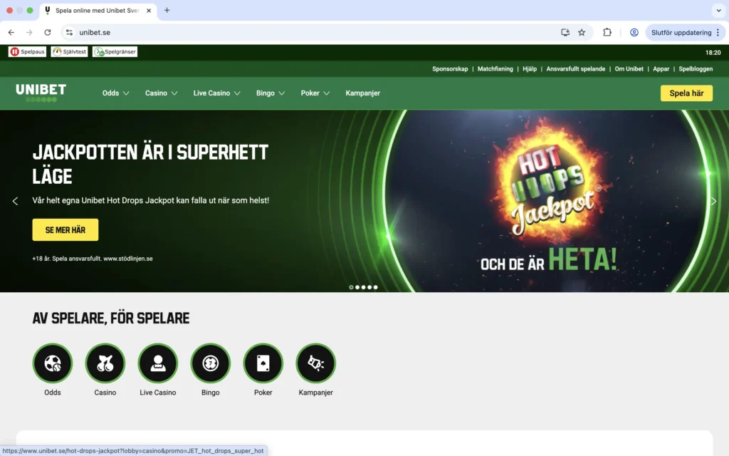 Skärmdump på UNIBET förstasida