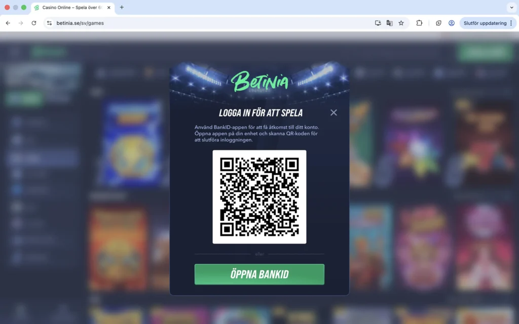 Skärmavbild av "Logga in för att spela" hos Betinia