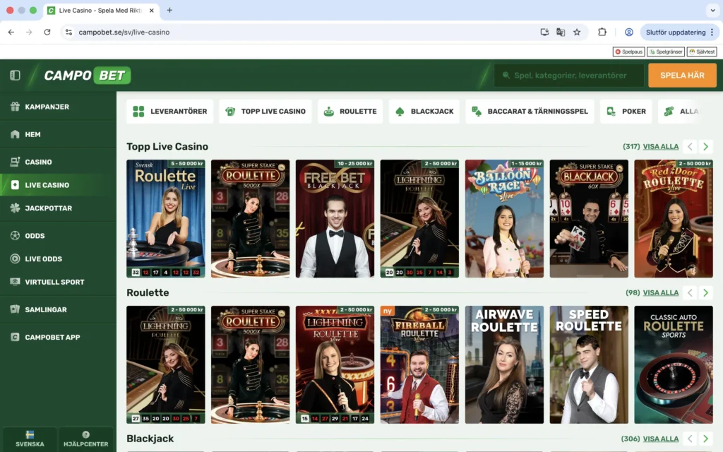 Skärmavbild av CampoBets Live Casino