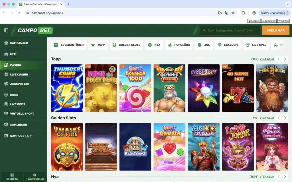 Skärmdump på Casino hos CampoBet