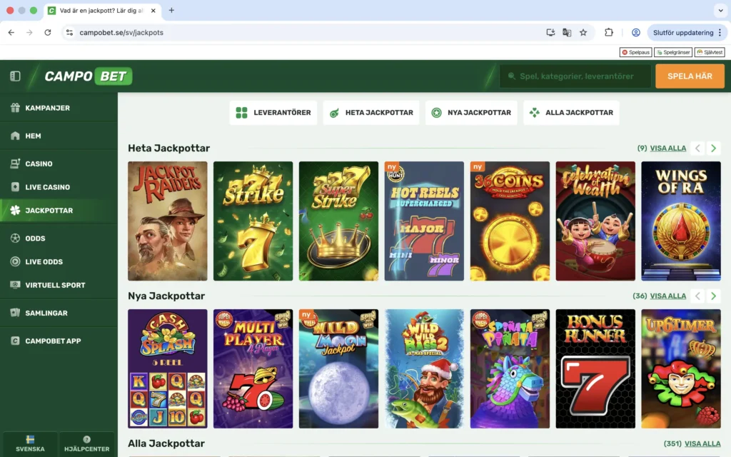 Skärmdump av jackpottarna hos CampoBet