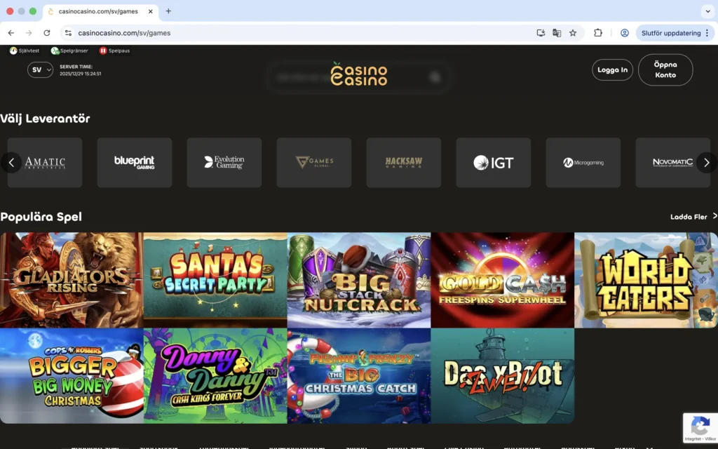 Skärmavbild på "populära spel" hos CasinoCasino