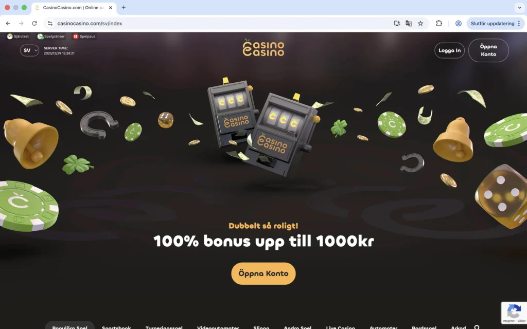 Skärmdump på CasinoCasinos förstasida