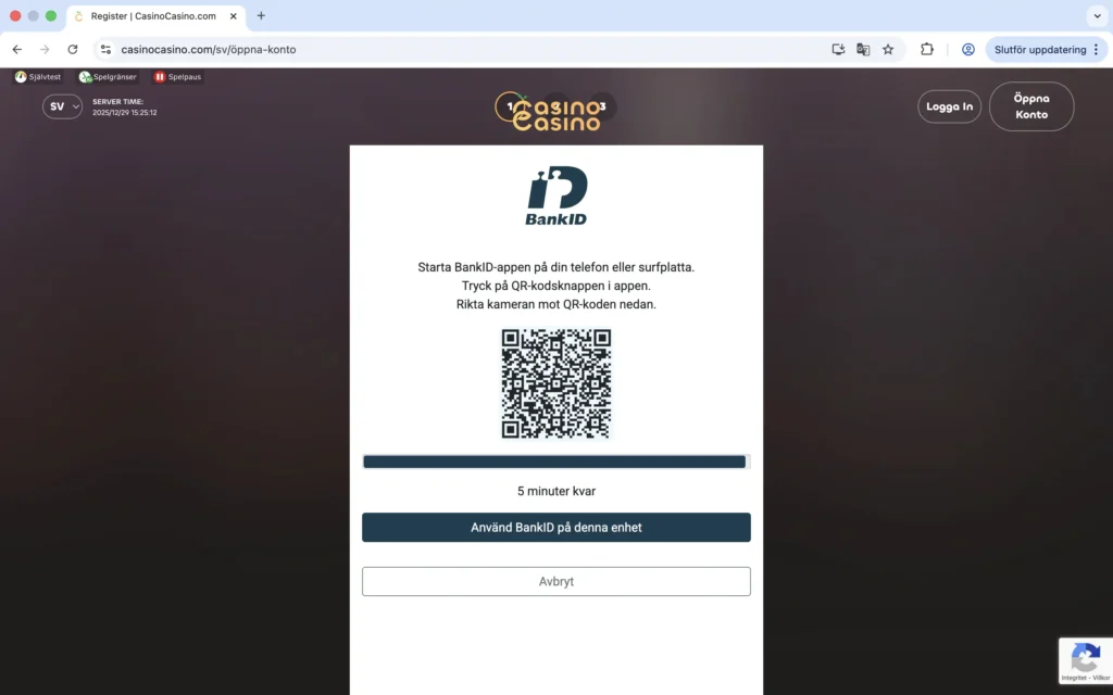Skärmdump på hur man öppnar konto med BankID hos CasinoCasino