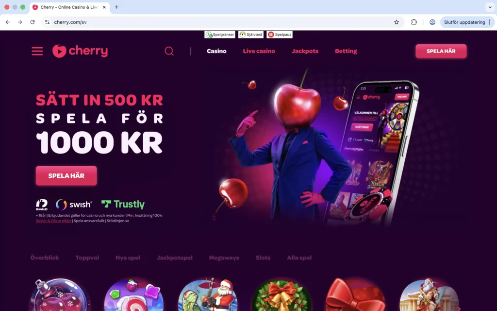 Skärmdump på Cherrys förstasida