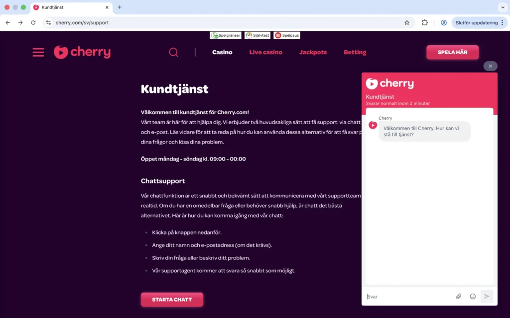 Skärmdump på Cherry Support
