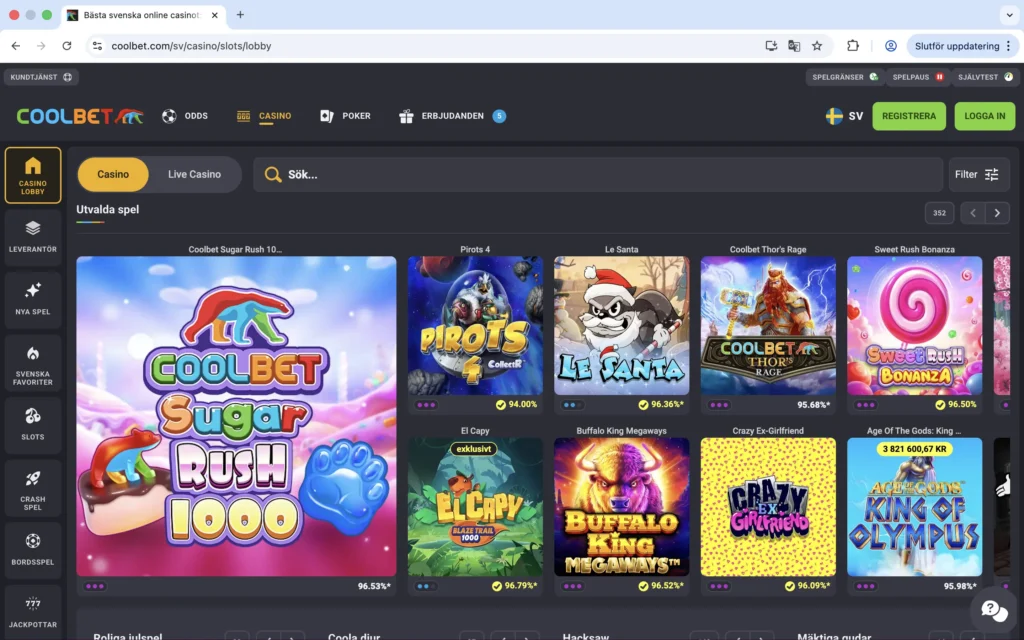 Skärmavbild på Coolbets förstasida / casino-sida