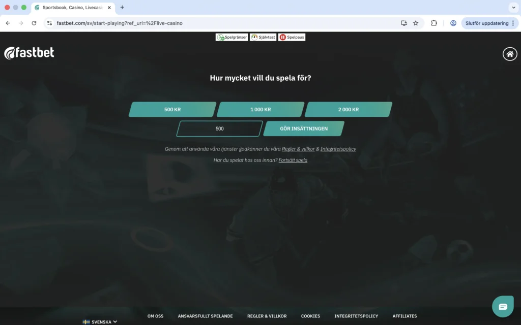 Skärmdump av "gör insättning" hos Fastbet