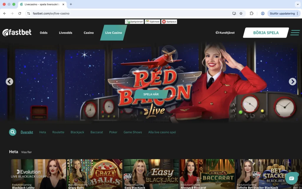 Skärmdump på Fastbet Live Casino