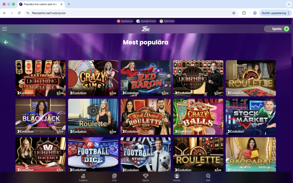 Skärmavbild på Live Casino hos Flax Casino