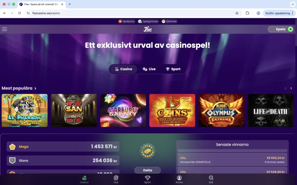 Skärmdump av casinot hos Flax Casino
