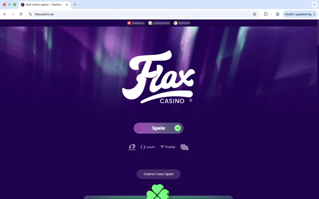 Skärmdump på förstasidan av Flax Casino
