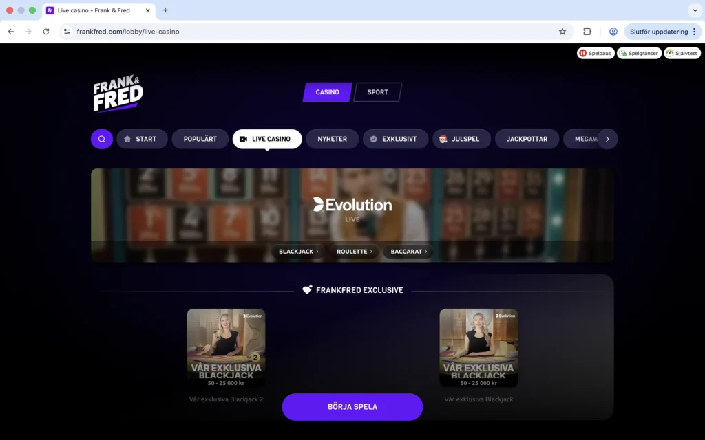 Skärmavbild på Frank & Freds Live Casino