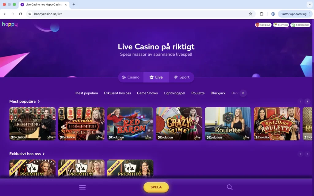 Skärmavbild på Happy Casinos Live Casino