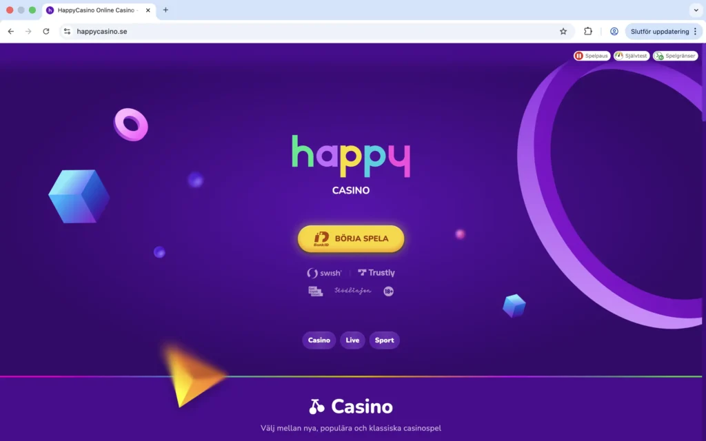 Skärmdump på Happy Casinos förstasida